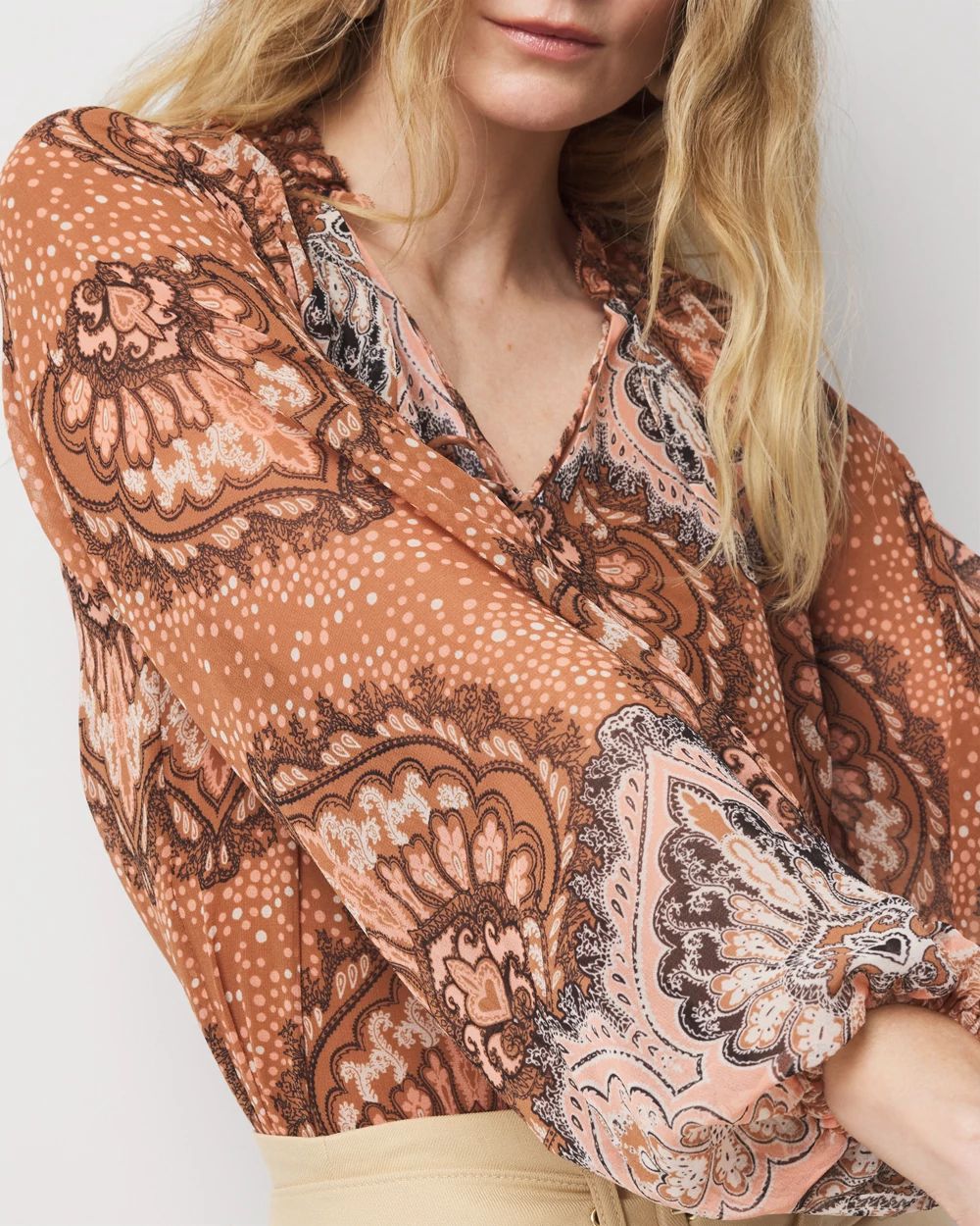 売れ筋商品|||ジョーンズニューヨーク カットソー トップス レディース Women's Paisley-Print Tie-Sleeve Blouse Bright Orchid Multi Puff Sleeve Tie Neck Shirt